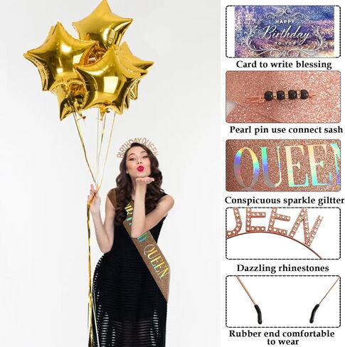 عيد ميلاد ملكة SASH ، زينة عيد ميلاد سعيد للنساء الأسود مع رقائق قزحية SASH و Rhinestone Crown Tiara Tiara BIN & Pearl Pin & Card for 18th 30th 30th أو أي حفلة أخرى in Kuwait