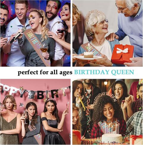 عيد ميلاد ملكة SASH ، زينة عيد ميلاد سعيد للنساء الأسود مع رقائق قزحية SASH و Rhinestone Crown Tiara Tiara BIN & Pearl Pin & Card for 18th 30th 30th أو أي حفلة أخرى in Kuwait