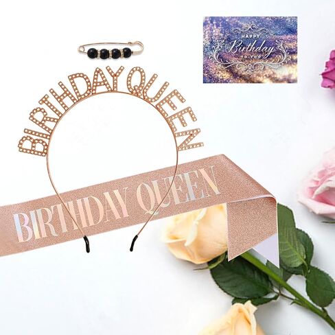 عيد ميلاد ملكة SASH ، زينة عيد ميلاد سعيد للنساء الأسود مع رقائق قزحية SASH و Rhinestone Crown Tiara Tiara BIN & Pearl Pin & Card for 18th 30th 30th أو أي حفلة أخرى in Kuwait