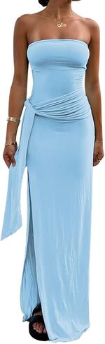 Women's Bodycon Long Dresses Strapless Tube Top Side Slit Maxi Dress in Kuwait