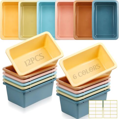 Thyle 12 Pieces 11.6 x 7.7 Inch 6 Colors Plastic Cubby Bins with Labels Classroom Stacking Bins Storage Container Organizer Storage Cubbies for Classroom Office (Rerto Color) in Kuwait