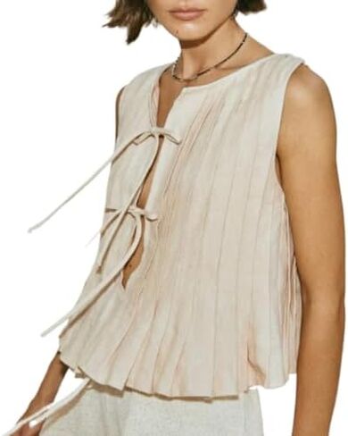 Linen Bow Tie Front Tank Top Women Coquette Pleated Peplum Blouse Y2K Babydoll Ruffle Shirt Sleeveless Tunic Outfits in Kuwait