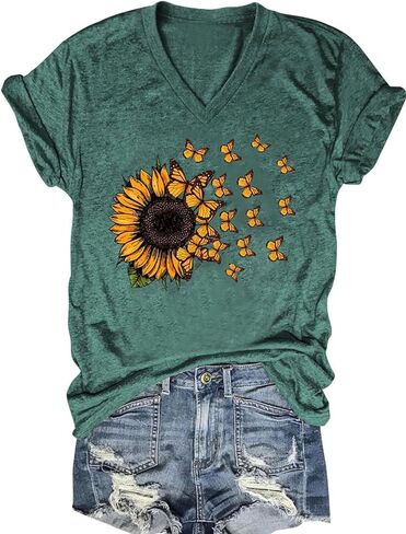 Vintage Flowers V Neck Shirt for Women Boho Floral Wildflowers Graphic Tee Casual Summer Vacation Beach Short Sleeve T Shirt in Kuwait