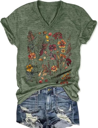 Vintage Flowers V Neck Shirt for Women Boho Floral Wildflowers Graphic Tee Casual Summer Vacation Beach Short Sleeve T Shirt in Kuwait