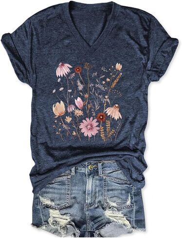 Vintage Flowers V Neck Shirt for Women Boho Floral Wildflowers Graphic Tee Casual Summer Vacation Beach Short Sleeve T Shirt in Kuwait