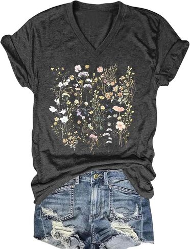 Vintage Flowers V Neck Shirt for Women Boho Floral Wildflowers Graphic Tee Casual Summer Vacation Beach Short Sleeve T Shirt in Kuwait