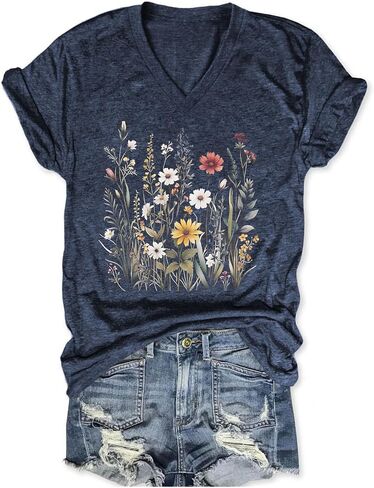 Vintage Flowers V Neck Shirt for Women Boho Floral Wildflowers Graphic Tee Casual Summer Vacation Beach Short Sleeve T Shirt in Kuwait