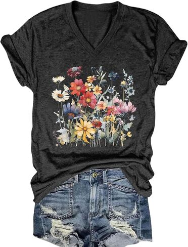 Vintage Flowers V Neck Shirt for Women Boho Floral Wildflowers Graphic Tee Casual Summer Vacation Beach Short Sleeve T Shirt in Kuwait