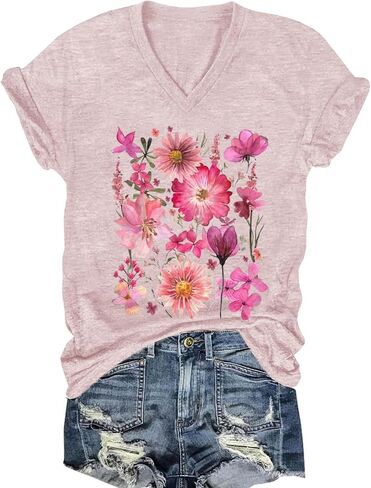 Vintage Flowers V Neck Shirt for Women Boho Floral Wildflowers Graphic Tee Casual Summer Vacation Beach Short Sleeve T Shirt in Kuwait