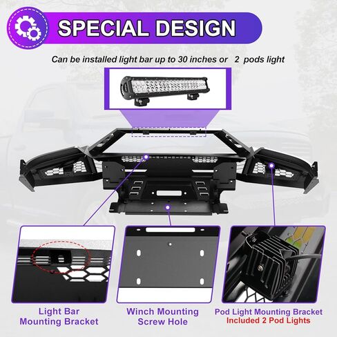 Nixon Offroad Real Lear Cofper for 2009-2018 Dodge RAM 1500 (بما في ذلك 2019-2024 RAM 1500 Classic) مصد خلفي من الفولاذ الثقيل مع الأضواء ذات الأضواء البودرة ، تصميم الخطوات الجانبية ، ثقب المستشعر in Saudi Arabia