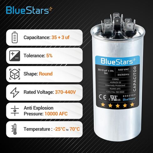 70+7.5 MFD uf 370 or 440 Volt VAC Round Dual Run Capacitor by BlueStars - Compatible for Air Conditioner or Heat Pump Condenser - Pack of 2 in Saudi Arabia
