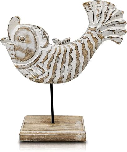 Beau Butter Fish Statue on Base Stand | Handmade Wooden Fish Sculpture for Nautical Beach House Rustic Centerpiece Table Decor for Office, Living Room in Saudi Arabia