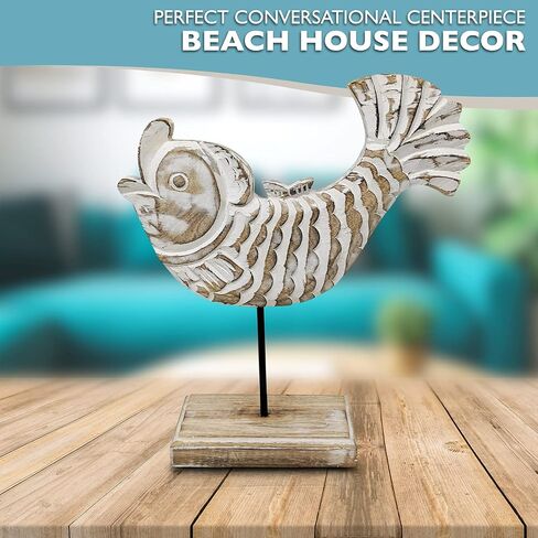 Beau Butter Fish Statue on Base Stand | Handmade Wooden Fish Sculpture for Nautical Beach House Rustic Centerpiece Table Decor for Office, Living Room in Saudi Arabia