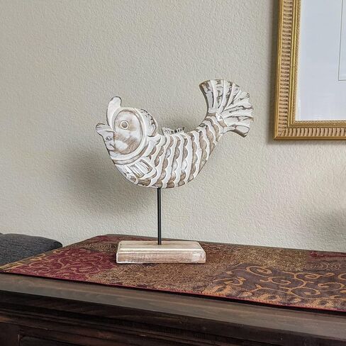 Beau Butter Fish Statue on Base Stand | Handmade Wooden Fish Sculpture for Nautical Beach House Rustic Centerpiece Table Decor for Office, Living Room in Saudi Arabia