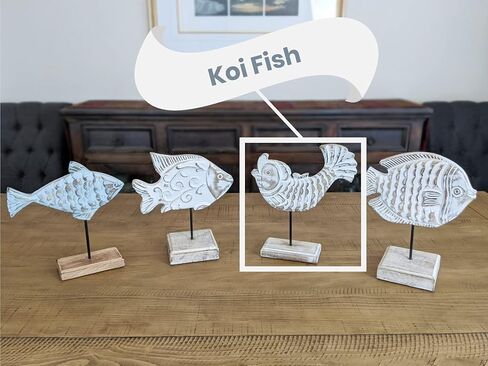 Beau Butter Fish Statue on Base Stand | Handmade Wooden Fish Sculpture for Nautical Beach House Rustic Centerpiece Table Decor for Office, Living Room in Saudi Arabia