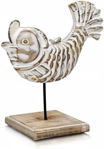 Beau Butter Fish Statue on Base Stand | Handmade Wooden Fish Sculpture for Nautical Beach House Rustic Centerpiece Table Decor for Office, Living Room in Saudi Arabia