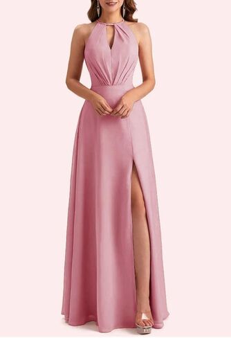 Women's Halter Formal Dress Backless Long Chiffon Evening Dress Cocktail Wedding Guest Dresses with Bow in Saudi Arabia