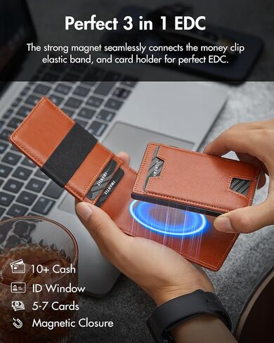 3 في 1 Magsafe Wallet: Slim Bifold Money Clip - حامل البطاقة المنبثقة الذكية - حزام نقدي ، محفظة مغناطيسية للرجال ، نافذة معرف ، جلد متميز (ألياف الكربون) in Kuwait