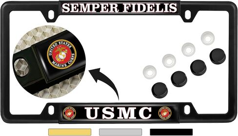 [Officially Licensed US Marine Corps Product] - USMC Semper Fidelis - Domed Custom-Made Personalized Narrow (Thin) Top 4 Hole Metal Car License Plate Frame with Free caps - Black (Qty: 1 Frame) in Saudi Arabia