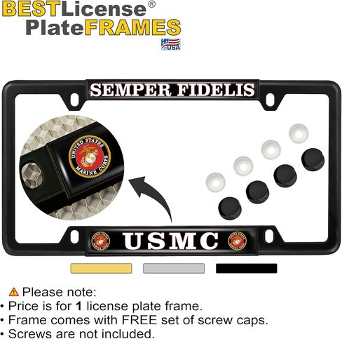 [Officially Licensed US Marine Corps Product] - USMC Semper Fidelis - Domed Custom-Made Personalized Narrow (Thin) Top 4 Hole Metal Car License Plate Frame with Free caps - Black (Qty: 1 Frame) in Saudi Arabia