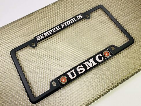 [Officially Licensed US Marine Corps Product] - USMC Semper Fidelis - Domed Custom-Made Personalized Narrow (Thin) Top 4 Hole Metal Car License Plate Frame with Free caps - Black (Qty: 1 Frame) in Saudi Arabia