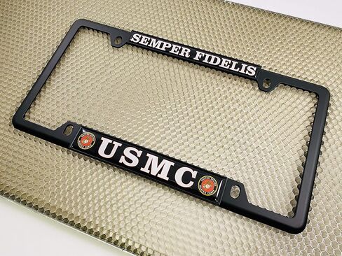 [Officially Licensed US Marine Corps Product] - USMC Semper Fidelis - Domed Custom-Made Personalized Narrow (Thin) Top 4 Hole Metal Car License Plate Frame with Free caps - Black (Qty: 1 Frame) in Saudi Arabia