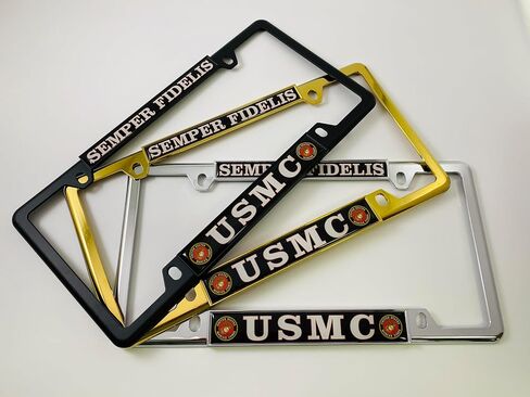 [Officially Licensed US Marine Corps Product] - USMC Semper Fidelis - Domed Custom-Made Personalized Narrow (Thin) Top 4 Hole Metal Car License Plate Frame with Free caps - Black (Qty: 1 Frame) in Saudi Arabia