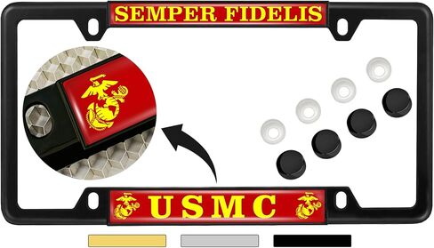 [Officially Licensed US Marine Corps Product] - USMC Semper Fidelis - Domed Custom-Made Personalized Narrow (Thin) Top 4 Hole Metal Car License Plate Frame with Free caps - Black (Qty: 1 Frame) in Saudi Arabia