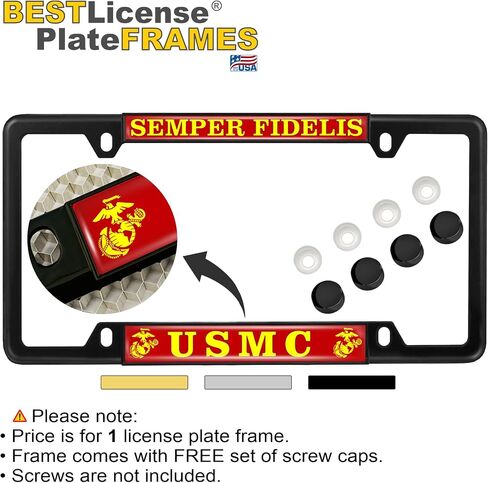 [Officially Licensed US Marine Corps Product] - USMC Semper Fidelis - Domed Custom-Made Personalized Narrow (Thin) Top 4 Hole Metal Car License Plate Frame with Free caps - Black (Qty: 1 Frame) in Saudi Arabia