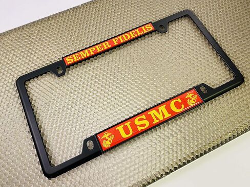 [Officially Licensed US Marine Corps Product] - USMC Semper Fidelis - Domed Custom-Made Personalized Narrow (Thin) Top 4 Hole Metal Car License Plate Frame with Free caps - Black (Qty: 1 Frame) in Saudi Arabia