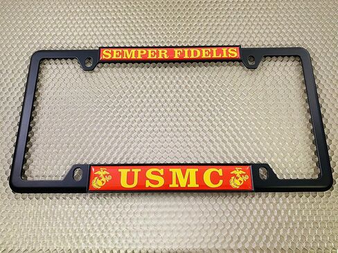 [Officially Licensed US Marine Corps Product] - USMC Semper Fidelis - Domed Custom-Made Personalized Narrow (Thin) Top 4 Hole Metal Car License Plate Frame with Free caps - Black (Qty: 1 Frame) in Saudi Arabia