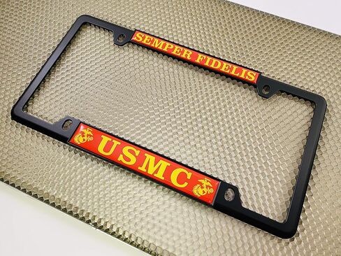 [Officially Licensed US Marine Corps Product] - USMC Semper Fidelis - Domed Custom-Made Personalized Narrow (Thin) Top 4 Hole Metal Car License Plate Frame with Free caps - Black (Qty: 1 Frame) in Saudi Arabia