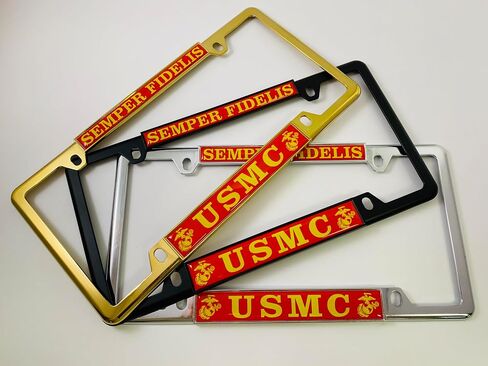 [Officially Licensed US Marine Corps Product] - USMC Semper Fidelis - Domed Custom-Made Personalized Narrow (Thin) Top 4 Hole Metal Car License Plate Frame with Free caps - Black (Qty: 1 Frame) in Saudi Arabia