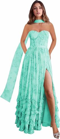 Strapless Bridesmaid Dresses for Women with Scarf Foral Chiffon Pom Dress Ruffle Formal Evening Gowns with Slit in Saudi Arabia