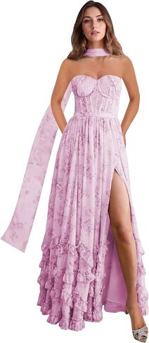 Strapless Bridesmaid Dresses for Women with Scarf Foral Chiffon Pom Dress Ruffle Formal Evening Gowns with Slit in Saudi Arabia