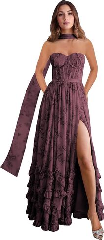 Strapless Bridesmaid Dresses for Women with Scarf Foral Chiffon Pom Dress Ruffle Formal Evening Gowns with Slit in Saudi Arabia