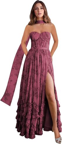Strapless Bridesmaid Dresses for Women with Scarf Foral Chiffon Pom Dress Ruffle Formal Evening Gowns with Slit in Saudi Arabia