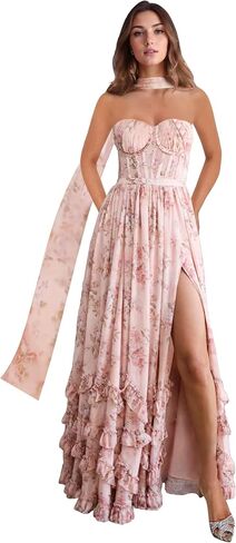 Strapless Bridesmaid Dresses for Women with Scarf Foral Chiffon Pom Dress Ruffle Formal Evening Gowns with Slit in Saudi Arabia