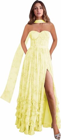 Strapless Bridesmaid Dresses for Women with Scarf Foral Chiffon Pom Dress Ruffle Formal Evening Gowns with Slit in Saudi Arabia