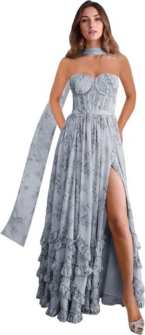 Strapless Bridesmaid Dresses for Women with Scarf Foral Chiffon Pom Dress Ruffle Formal Evening Gowns with Slit in Saudi Arabia