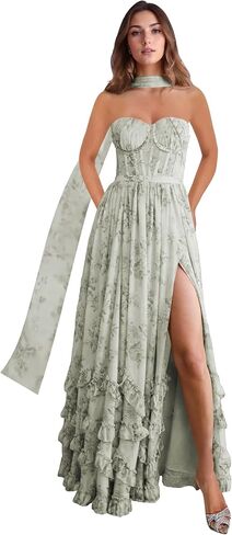 Strapless Bridesmaid Dresses for Women with Scarf Foral Chiffon Pom Dress Ruffle Formal Evening Gowns with Slit in Saudi Arabia