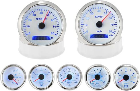 7 Gauge Set 3-3/8" 85mm GPS Speedometer Tachometer 2-1/16" 52mm Oil Pressure Fuel Level Water Temperature Voltage Meter Trim Waterproof Marine Boat Car Truck Gauges Kit White in Saudi Arabia
