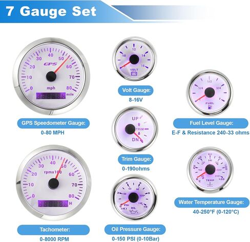 7 Gauge Set 3-3/8" 85mm GPS Speedometer Tachometer 2-1/16" 52mm Oil Pressure Fuel Level Water Temperature Voltage Meter Trim Waterproof Marine Boat Car Truck Gauges Kit White in Saudi Arabia