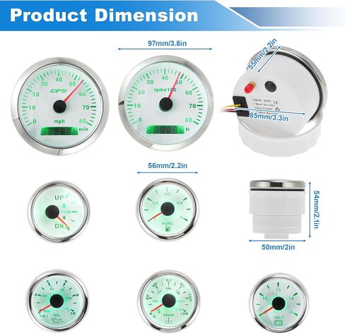 7 Gauge Set 3-3/8" 85mm GPS Speedometer Tachometer 2-1/16" 52mm Oil Pressure Fuel Level Water Temperature Voltage Meter Trim Waterproof Marine Boat Car Truck Gauges Kit White in Saudi Arabia