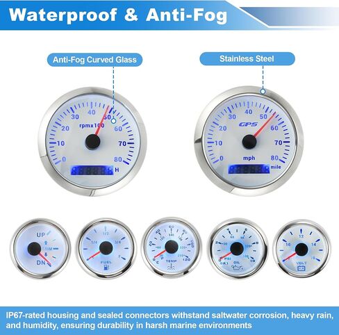 7 Gauge Set 3-3/8" 85mm GPS Speedometer Tachometer 2-1/16" 52mm Oil Pressure Fuel Level Water Temperature Voltage Meter Trim Waterproof Marine Boat Car Truck Gauges Kit White in Saudi Arabia