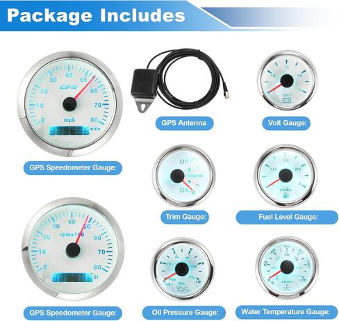 7 Gauge Set 3-3/8" 85mm GPS Speedometer Tachometer 2-1/16" 52mm Oil Pressure Fuel Level Water Temperature Voltage Meter Trim Waterproof Marine Boat Car Truck Gauges Kit White in Saudi Arabia