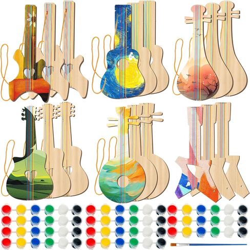 Syhood 18 Pcs DIY Wood Guitar for Kids (6 Difference Designs) with 18 Set of Pigments (6 Colors), Christmas Kids Gift for Boys Girls Crafts and Art Birthday Class Party Music Theme Party in Kuwait
