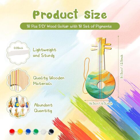 Syhood 18 Pcs DIY Wood Guitar for Kids (6 Difference Designs) with 18 Set of Pigments (6 Colors), Christmas Kids Gift for Boys Girls Crafts and Art Birthday Class Party Music Theme Party in Kuwait