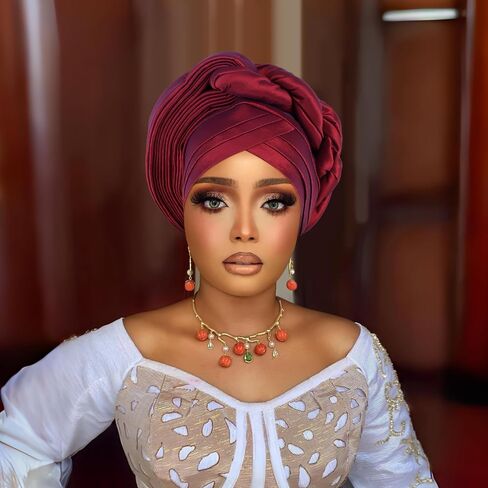 African auto gele Headtie Wedding Party Headpiece Women Head Wraps Muslim Hat (US, Alpha, One Size, wine red) in Kuwait