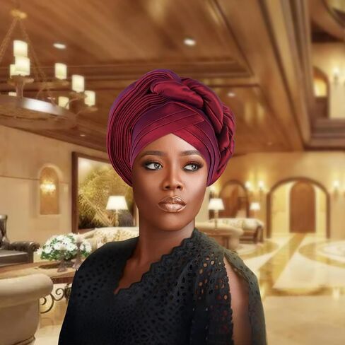 African auto gele Headtie Wedding Party Headpiece Women Head Wraps Muslim Hat (US, Alpha, One Size, wine red) in Kuwait